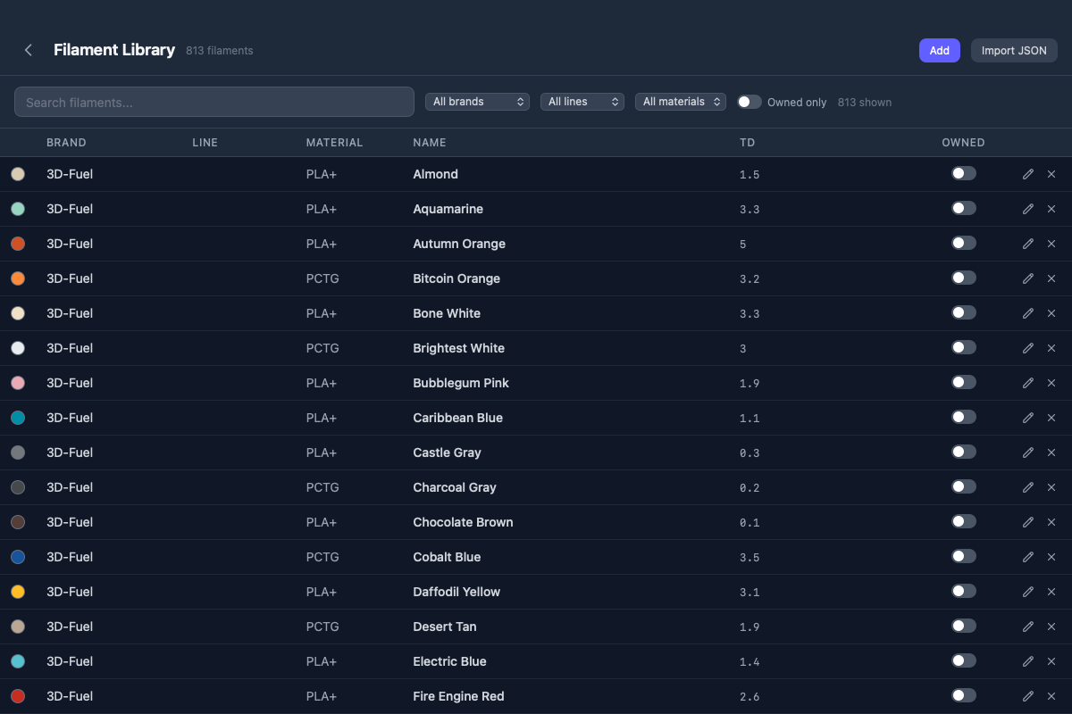 Filament library with search, filters, and ownership tracking