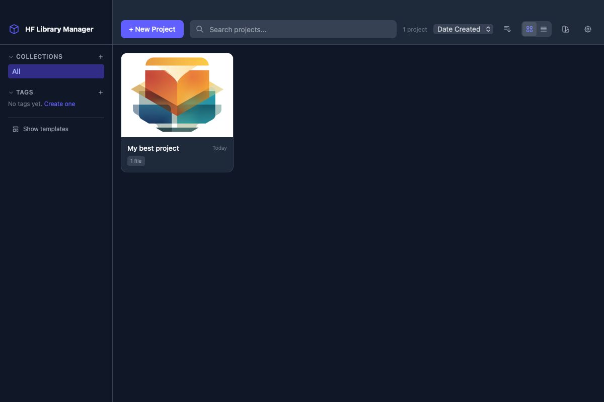HF Library Manager - Grid view with project cards
