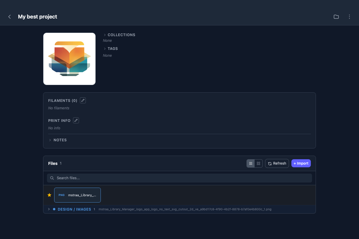 Project detail view with files, filaments, and metadata